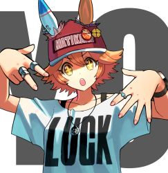 Rule 34 | + +, 1girl, :o, alternate costume, animal ears, badge, baseball cap, button badge, character name, clothes writing, collarbone, ear piercing, ears through headwear, hands up, hat, highres, horse ears, jewelry, looking at viewer, matikanefukukitaru (umamusume), open mouth, orange hair, pendant, piercing, red hat, ring, shirt, short hair, short sleeves, solo, spread fingers, tokiwa png, umamusume, upper body, v-shaped eyebrows, w, watch, white shirt, wristwatch, yellow eyes