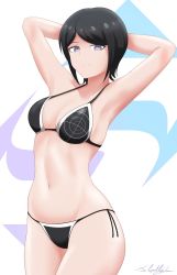Rule 34 | 1girl, armpits, arms behind head, arms up, ass, bare arms, bare legs, bare stomach, bikini, black bikini, black hair, blue background, breasts, cleavage, collarbone, danganronpa: trigger happy havoc, danganronpa (series), eyelashes, freckles, hands up, highres, ikusaba mukuro, legs, looking at viewer, medium breasts, multicolored background, multicolored bikini, multicolored clothes, navel, neolink077, nose, parted bangs, parted hair, purple background, purple eyes, shiny skin, signature, simple background, smile, solo, string bikini, swimsuit, target, thighs together, white background, white bikini