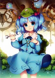 Rule 34 | 1girl, :3, absurdres, backpack, bag, blouse, blue eyes, blue hair, blue shirt, blunt bangs, blush, clothes lift, collared shirt, cowboy shot, green hat, hair bobbles, hair ornament, hat, highres, kawashiro nitori, key, layered clothes, long sleeves, looking at viewer, masaru.jp, matching hair/eyes, opal, parted bangs, pocket, scan, shirt, skirt, skirt set, smile, solo, sparkle, sparks, string, touhou, twintails, two side up, vest, white shirt, wrench