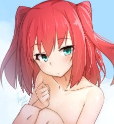 Rule 34 | 10s, 1girl, :/, blush, clenched hand, closed mouth, collarbone, completely nude, green eyes, kurosawa ruby, long hair, looking at viewer, love live!, love live! sunshine!!, nude, red hair, revision, signature, solo, tilt-shift (azalanz), two side up, upper body