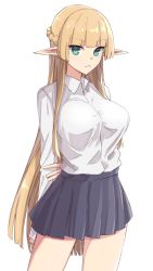 Rule 34 | 1girl, arms behind back, blonde hair, blunt bangs, braid, breasts, collared shirt, dress shirt, elf, elfenlied22, french braid, green eyes, grey skirt, highres, large breasts, long hair, long sleeves, looking at viewer, original, pointy ears, shirt, simple background, skirt, solo, thighs, white background, white shirt