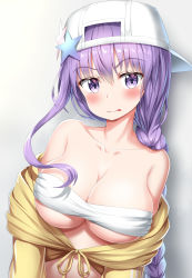Rule 34 | 1girl, :p, absurdres, bare shoulders, bb (fate), bb (fate) (all), bb (swimsuit mooncancer) (fate), bb (swimsuit mooncancer) (first ascension) (fate), blush, braid, breasts, collarbone, fate/grand order, fate (series), hat, highres, large breasts, long hair, looking at viewer, nedia (nedia region), purple eyes, purple hair, single braid, solo, star (symbol), tongue, tongue out, upper body