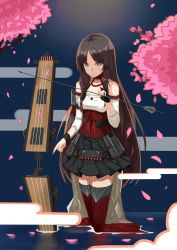 Rule 34 | 1girl, arrow (projectile), black gloves, black skirt, bow, braid, branch, brown eyes, brown hair, cherry blossoms, closed mouth, detached sleeves, fingerless gloves, flight deck, gloves, highres, holding, holding arrow, holding weapon, kkgsama, long hair, parted bangs, partially submerged, pleated skirt, shoukaku (warship girls r), skirt, solo, standing, thighhighs, tree, very long hair, wading, warship girls r, weapon, zettai ryouiki