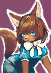 Rule 34 | 1girl, animal ear fluff, animal ears, blue dress, blue eyes, bow, bowtie, brown hair, dress, female focus, furry, furry female, hantsuki (ichigonichiya), highres, open mouth, original, outline, puffy short sleeves, puffy sleeves, purple background, short sleeves, solo, tail, white bow, white outline, wolf ears, wolf tail