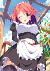Rule 34 | 1girl, ;d, black thighhighs, blush, breasts, day, from below, hatsu (first snow), looking at viewer, looking down, maid, medium breasts, one eye closed, open mouth, original, skirt, skirt basket, skirt hold, sky, smile, solo, thighhighs, underbust