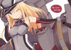 Rule 34 | 10s, 1girl, absurdres, bad id, bad pixiv id, bare shoulders, bismarck (kancolle), blonde hair, blue eyes, blush, breasts, cross, elbow gloves, gloves, halterneck, hand on headwear, hat, highres, iron cross, kantai collection, long hair, machinery, military, military uniform, one eye closed, peaked cap, seedflare, simple background, solo, turret, uniform, white background