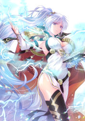 Rule 34 | 1girl, alternate costume, armor, black thighhighs, book, breasts, cape, closed mouth, cowboy shot, detached sleeves, dress, electricity, fire emblem, fire emblem: genealogy of the holy war, fire emblem heroes, grimoire, hair ornament, highres, ishtar (fire emblem), large breasts, lightning, long dress, long hair, looking at viewer, nintendo, official alternate costume, open book, ponytail, purple eyes, purple hair, red cape, shoulder armor, side slit, thighhighs, very long hair, white background, white dress, yoshi (taiko7)