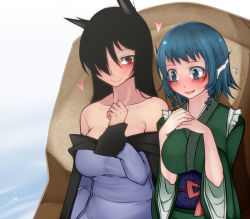 Rule 34 | 2girls, animal ears, aoshima, blue eyes, blue hair, blush, breasts, brown hair, cleavage, collarbone, commentary request, curly hair, dress, fins, flying sweatdrops, hair over one eye, head fins, heart, imaizumi kagerou, implied yuri, japanese clothes, large breasts, long hair, looking at another, looking down, multiple girls, off-shoulder dress, off shoulder, open mouth, red eyes, short hair, sitting, sleeves rolled up, smile, touhou, upper body, wakasagihime, white dress, wide sleeves, wolf ears, yuri