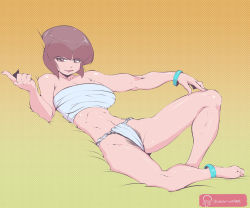 Rule 34 | 1girl, barefoot, black pubic hair, blunt bangs, bracelet, breasts, brown eyes, brown hair, cleavage, feet, female focus, female pubic hair, fundoshi, gradient background, groin, index finger raised, japanese clothes, jewelry, large breasts, legs, looking at viewer, lying, medium hair, navel, open mouth, pubic hair, pubic hair peek, pussy, ranma 1/2, sarashi, simple background, smile, solo, tendou nabiki, thighs, toes, yashiro a. marino, yellow background