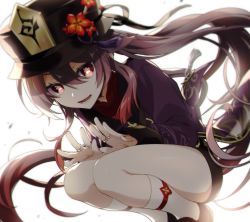 Rule 34 | 1girl, black hat, black shorts, brown hair, commentary request, feet out of frame, flower, genshin impact, gradient hair, hands on own thighs, hat, hat flower, highres, hu tao (genshin impact), jewelry, kneehighs, leaning forward, long hair, long sleeves, looking at viewer, lower teeth only, memeno, multicolored hair, multiple rings, open mouth, purple shirt, red eyes, red hair, red shirt, ring, shirt, short shorts, shorts, sidelocks, socks, solo, squatting, star-shaped pupils, star (symbol), symbol-shaped pupils, teeth, twintails, undershirt, very long hair, white socks