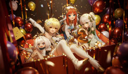 Rule 34 | 4girls, :d, absurdres, arm up, balloon, black eyes, blonde hair, blue eyes, boots, box, bracelet, breasts, confetti, crop top, curled horns, detached sleeves, dress, elf, genshin impact, green eyes, hair between eyes, halo, highres, horns, in box, in container, jewelry, long hair, long sleeves, looking at viewer, lumine (genshin impact), multiple girls, nahida (genshin impact), nilou (genshin impact), open mouth, paimon (genshin impact), pointy ears, ponytail, puffy long sleeves, puffy sleeves, red hair, red ribbon, revision, ribbon, small breasts, smile, starsd, thigh boots, white dress, white footwear, white hair, yellow eyes