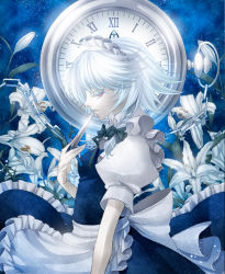 Rule 34 | 1girl, blue theme, braid, chain, colored eyelashes, female focus, flower, izayoi sakuya, jitome, knife, lily (flower), maid, maid headdress, pocket watch, profile, red eyes, rinko (artist), rinko (mg54), short hair, short sleeves, silver hair, solo, embodiment of scarlet devil, throwing knife, touhou, watch, weapon