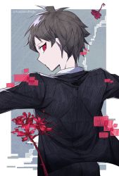 Rule 34 | 1boy, ahoge, black jacket, black pants, brown hair, commentary request, danganronpa (series), danganronpa 2: goodbye despair, flower, from behind, glitch, grey background, highres, hinata hajime, jacket, looking at viewer, male focus, outstretched arms, pants, profile, red eyes, red flower, red hair, short hair, solo, super danganronpa 2.5: komaeda nagito to sekai no hakaimono, upper body, ziling