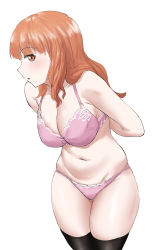 Rule 34 | 1girl, absurdres, arms behind back, black thighhighs, blunt bangs, blush, bow, bow bra, bra, breasts, cleavage, commentary, cowboy shot, girls und panzer, highres, kiru (bsesso), large breasts, leaning forward, long hair, looking at viewer, navel, orange eyes, orange hair, panties, parted lips, purple bra, purple panties, simple background, skindentation, solo, standing, takebe saori, thigh gap, thighhighs, underwear, underwear only, white background