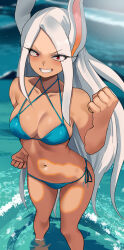 Rule 34 | 1girl, absurdres, animal ears, bare shoulders, bikini, blue bikini, blush, boku no hero academia, breasts, cleavage, clenched hands, collarbone, criss-cross halter, dark-skinned female, dark skin, grin, halterneck, hand up, highres, large breasts, light particles, long eyelashes, long hair, looking at viewer, mirko, navel, outdoors, parted bangs, rabbit ears, rabbit girl, red eyes, side-tie bikini bottom, smile, solo, stomach, swimsuit, teeth, thighs, toned, very long hair, wading, water, white hair, zd (pixiv6210083)