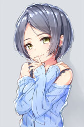 Rule 34 | 1girl, black hair, blue sweater, breasts, earrings, grey background, hand on own chin, hand on own shoulder, hayami kanade, idolmaster, idolmaster cinderella girls, jewelry, kuresuku (lessons), light smile, looking at viewer, medium breasts, off shoulder, parted bangs, short hair, sidelocks, simple background, solo, sweater, upper body, yellow eyes