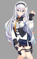Rule 34 | 1girl, black gloves, black hairband, blue hair, blue skirt, bodice, clothing cutout, collared shirt, commentary, english commentary, fingerless gloves, gloves, grey background, hairband, hand on own thigh, highres, idol corp, kattarina qutie, kuri (animejpholic), long hair, multicolored hair, second-party source, shirt, shoulder cutout, silver hair, skirt, smile, solo, streaked hair, thigh strap, very long hair, virtual youtuber, white shirt