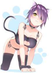Rule 34 | &gt;:(, 10s, 1girl, 3:, 3:&lt;, all fours, alternate costume, animal ears, bare shoulders, bell, black bra, black panties, black thighhighs, bra, breasts, cat cutout, cat ear panties, cat lingerie, cat tail, choker, cleavage, cleavage cutout, clothing cutout, collar, collarbone, dutch angle, frilled bra, frills, from below, frown, hair over one eye, jingle bell, kantai collection, kemonomimi mode, large breasts, looking at viewer, meme attire, navel, neck bell, panties, purple hair, scrunchie, side-tie panties, solo, stomach, tail, tenryuu (kancolle), thighhighs, thighs, underwear, underwear only, v-shaped eyebrows, wrist scrunchie, yasuto (eria151), yellow eyes