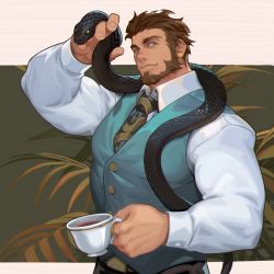 Rule 34 | 1boy, bara, beard, black necktie, blue eyes, brown hair, cup, earrings, facial hair, hand up, highres, holding, holding cup, jewelry, korean commentary, male focus, muscular, necktie, neilos, ring, shirt, snake, standing, teacup, vest, white shirt