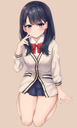 Rule 34 | 1girl, absurdres, arm at side, bare legs, black hair, blue eyes, blue skirt, blush, bow, bowtie, cardigan, closed mouth, commentary request, full body, gridman universe, hand up, highres, hosh, long hair, long sleeves, looking at viewer, miniskirt, red bow, red bowtie, revision, school uniform, seiza, sitting, skirt, solo, ssss.gridman, takarada rikka, thigh gap, thighs, v, white cardigan
