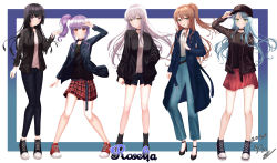 Rule 34 | 5girls, :o, absurdres, adjusting clothes, adjusting headwear, alternate hairstyle, aqua hair, arm behind back, arm up, bang dream!, bare legs, baseball cap, belt, black belt, black choker, black footwear, black hair, black headwear, black jacket, black ribbon, black shirt, blue border, blue coat, blue pants, blue shorts, blunt bangs, boots, border, breast pocket, brown hair, choker, clenched hand, coat, collarbone, collared shirt, commentary request, dated, denim, denim jacket, dong hawn, earrings, fang, fanny pack, full body, gradient border, green eyes, grey hair, grin, half updo, hand in pocket, hand over face, hat, high heel boots, high heels, high tops, highres, hikawa sayo, hime cut, imai lisa, jacket, jeans, jewelry, knees together feet apart, korean commentary, leather, leather jacket, light frown, long hair, long sleeves, looking at viewer, minato yukina, miniskirt, multiple girls, neck ribbon, open clothes, open jacket, open shirt, pants, plaid, plaid skirt, pleated skirt, pocket, purple border, purple eyes, purple hair, rabbit earrings, red eyes, red footwear, red skirt, ribbon, roselia (bang dream!), shirokane rinko, shirt, shoes, short shorts, shorts, side ponytail, sidelocks, signature, skirt, smile, sneakers, standing, udagawa ako, undershirt, v, white background, white shirt, yellow eyes