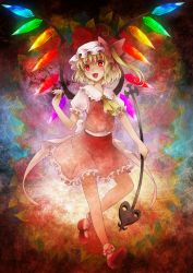 Rule 34 | 1girl, ascot, bad id, bad pixiv id, blonde hair, bobby socks, embodiment of scarlet devil, fang, female focus, flandre scarlet, floral background, glowing, hat, highres, laevatein, mary janes, michii yuuki, open mouth, red eyes, shoes, short hair, side ponytail, smile, socks, solo, touhou, wings
