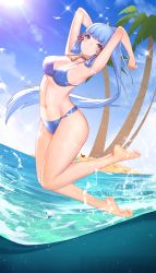 Rule 34 | 1girl, absurdres, armpits, arms up, ayaka (genshin impact), bare arms, bare legs, bare shoulders, barefoot, bikini, blue bikini, blue sky, blunt bangs, blush, breasts, brown choker, chinese commentary, choker, closed mouth, commentary request, day, full body, genshin impact, hair ribbon, highres, island, izaac, jumping, large breasts, lens flare, long hair, mole, mole under eye, navel, ocean, outdoors, palm tree, ponytail, print bikini, red ribbon, ribbon, sidelocks, signature, sky, solo, stomach, sunlight, swimsuit, tassel, tree, tress ribbon, very long hair, water