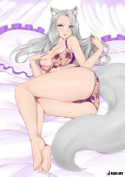 Rule 34 | 1girl, absurdres, animal ear fluff, animal ears, aqua eyes, areola slip, artist name, ass, bare shoulders, bed, bed sheet, bra, breasts, cleavage, closed mouth, collarbone, curtains, eyelashes, twirling hair, hand on breast, highres, indoors, kaos art, lace, lace bra, lace panties, large breasts, long hair, lying, makeup, mascara, on bed, on side, original, panties, parted bangs, pillow, purple bra, purple panties, sidelocks, silver hair, smile, soles, solo, tail, thighs, toes, underwear, underwear only, very long hair, wolf ears, wolf girl, wolf tail