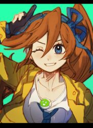 Rule 34 | 1girl, ;), ace attorney, athena cykes, blue eyes, blue necktie, blue ribbon, collarbone, gloves, hair between eyes, hair ribbon, highres, jacket, jewelry, long hair, long sleeves, looking at viewer, necklace, necktie, one eye closed, open clothes, open jacket, orange hair, partially fingerless gloves, phoenix wright: ace attorney - dual destinies, ribbon, shirt, side ponytail, smile, solo, teeth, tutankamonna, upper body, w, white shirt, yellow jacket