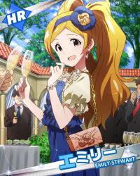 Rule 34 | 10s, 1girl, bag, blonde hair, champagne flute, champagne glass, character name, cup, dress, drinking glass, emily stewart, hairband, handbag, idolmaster, idolmaster million live!, long hair, looking at viewer, official art, smile, solo focus, twintails