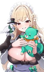Rule 34 | 1girl, absurdres, animal, animal on shoulder, bird, bird on shoulder, blonde hair, breasts, cat, cleavage, commission, flower, grin, hair flower, hair ornament, highres, holding, holding animal, holding cat, large breasts, long sleeves, looking at viewer, maid, maid headdress, original, red eyes, smile, solo, upper body, white background, yan.c