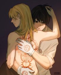 Rule 34 | 1boy, 1girl, arms around waist, artist name, back tattoo, bare arms, bare back, bare shoulders, black eyes, black hair, blanket, blonde hair, bottomless, brown background, brown eyes, burn scar, couple, dog tags, ear piercing, earrings, eyebrows, fingernails, frown, fullmetal alchemist, gloves, gradient background, hair down, hair over eyes, hand in own hair, hand on another&#039;s back, hand on another&#039;s head, head on another&#039;s shoulder, hetero, highres, hug, jewelry, light smile, lips, long hair, looking at viewer, necklace, nude, pale skin, piercing, profile, riza hawkeye, roy mustang, scar, scar on back, seal (animal), serious, shirt, short hair, sleeves rolled up, smile, standing, tattoo, topless, topless male, twitter username, viria13, watermark, white gloves, white shirt