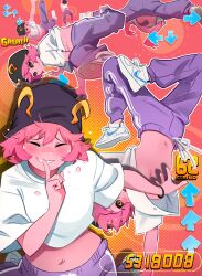 1girl :o :q absurdres ashido_mina bemani black_hat black_sclera boku_no_hero_academia brown_eyes closed_eyes colored_sclera colored_skin dance_dance_revolution facing_viewer finger_to_mouth handstand hat highres horns horns_through_headwear khyle. looking_at_viewer midriff multiple_views navel navel_piercing nike_(company) one_arm_handstand open_mouth pants piercing pink_hair pink_skin purple_pants shirt shoes short_hair teeth tongue tongue_out upper_teeth_only white_shirt white_shoes