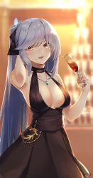 Rule 34 | 1girl, azur lane, bare shoulders, blush, bow, breasts, cleavage, collarbone, cup, dress, drinking glass, essex (azur lane), essex (craft fairytail) (azur lane), flower, foreshortening, hair bow, hair flower, hair ornament, halter dress, halterneck, highres, jewelry, large breasts, long hair, looking at viewer, necklace, open mouth, pendant, shimotsuki shio, silver hair, smile, sparkle, swept bangs, twintails, yellow eyes