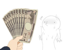 Rule 34 | 1boy, artist self-insert, facing another, holding, holding money, looking at another, meme, money, tucked money, monochrome background, open mouth, original, simple background, surprised, sweat, nervous sweating, tridisart, white background, yen