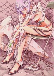 Rule 34 | 1girl, angel (evangelion), ayanami rei, bandage over one eye, bandages, bdsm, bent over, blue hair, bondage, bound, breasts, cable, chain, chain-link fence, chair, cuffs, fence, folding chair, handcuffs, high heels, hunched over, kotatsu-spirit, legs, neon genesis evangelion, plugsuit, purple hair, red eyes, ruins, sachiel (evangelion), scenery, shoes, short hair, sideboob, signature, sitting, sketch, skull, solo, thighhighs, torn clothes, wire