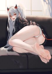 Rule 34 | 1girl, absurdres, ass, barefoot, bombergirl, demon tail, feet, grim aloe, highres, horns, long hair, looking at viewer, open mouth, panties, red eyes, silver hair, soles, tail, toes, twintails, underwear