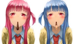Rule 34 | 2girls, blue hair, blush, cardigan, collared shirt, food, food in mouth, kotonoha akane, kotonoha aoi, kurione (zassou), looking at viewer, mouth hold, multiple girls, necktie, one side up, pink hair, pocky, red eyes, red neckwear, shirt, siblings, simple background, sisters, straight hair, upper body, voiceroid, white background, white shirt, yellow cardigan