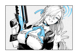 Rule 34 | 1girl, asuna (blue archive), blue archive, blue eyes, breasts, choker, cleavage, dress, elbow gloves, gloves, gun, hair over one eye, hair ribbon, halo, hiro (chumo), holding, holding gun, holding weapon, large breasts, limited palette, long hair, looking at viewer, maid headdress, mole, mole on breast, ribbon, short sleeves, solo, trigger discipline, upper body, very long hair, weapon
