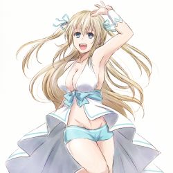 Rule 34 | 1girl, :d, amagi brilliant park, arm up, armpits, blonde hair, blue eyes, blue ribbon, blue shorts, breasts, cleavage, collarbone, floating hair, groin, hair between eyes, hair ribbon, large breasts, long hair, midriff, mishiro (andante), navel, open mouth, ribbon, short shorts, shorts, sideboob, simple background, sketch, smile, solo, stomach, sylphy (amaburi), twintails, very long hair, white background