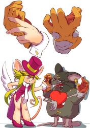 Rule 34 | 1girl, 2boys, animal ears, breasts, ear tag, gloves, green hair, hat, heart (mad rat dead), iro gomasio, leotard, mad rat, mad rat dead, mouse (animal), mouse ears, mouse girl, mouse tail, multiple boys, nippon ichi, rat god, red eyes, stitches, tail, top hat, wings, wrist cuffs