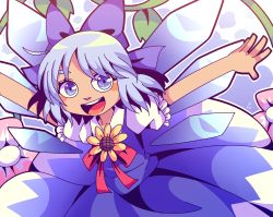 Rule 34 | 1girl, blue eyes, blue hair, blush, cirno, dress, flower, hidden star in four seasons, highres, ice, ice wings, long hair, outstretched arms, plant, round teeth, solo, spread arms, sunflower, tan, tanned cirno, teeth, thick eyebrows, touhou, vines, wings, yatsunote