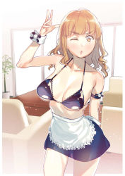 Rule 34 | 10s, 1girl, apron, arm behind back, armlet, black bra, black skirt, blunt bangs, bra, breasts, cleavage, commentary, couch, cowboy shot, day, girls und panzer, indoors, lace, lace-trimmed bra, lace trim, light particles, long hair, looking at viewer, maid, medium breasts, miniskirt, one eye closed, open mouth, orange eyes, orange hair, skirt, solo, standing, subachi, takebe saori, tree, underwear, waist apron, window, wrist cuffs