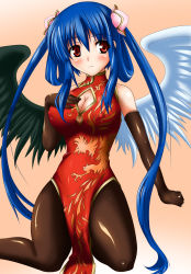 Rule 34 | 1girl, arc system works, asymmetrical wings, bare shoulders, blue hair, blush, breasts, china dress, chinese clothes, cleavage, cleavage cutout, clothing cutout, dizzy (guilty gear), dress, elbow gloves, covered erect nipples, food, fruit, gloves, guilty gear, hair ornament, hair rings, halterneck, huge breasts, nishiumi yuuta, pantyhose, peach, red eyes, solo, tail, twintails, wings
