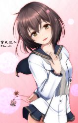 Rule 34 | 1girl, anchor symbol, blue sailor collar, blush, brown eyes, brown hair, character name, cherry blossoms, flower, grey neckerchief, hachiware (8ware63), hair between eyes, hair flower, hair ornament, hand on own chest, head tilt, highres, kantai collection, looking at viewer, neckerchief, sailor collar, short hair, simple background, smile, solo, twitter username, yukikaze (kancolle), yukikaze kai ni (kancolle)
