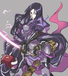 Rule 34 | 1girl, bad id, bad twitter id, blush, bodysuit, breasts, commentary request, fate/grand order, fate (series), fingerless gloves, gloves, highres, large breasts, long hair, looking at viewer, minamoto no raikou (fate), purple eyes, purple hair, solo, standing, teshima nari, very long hair
