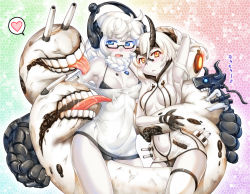 Rule 34 | 10s, 2girls, :&lt;, abyssal ship, armpits, between legs, black bra, blue eyes, blush, bra, braid, breasts, cameltoe, glasses, gloves, hase yu, headphones, heart, heavy cruiser princess, horns, kantai collection, looking at viewer, multiple girls, off shoulder, open mouth, pale skin, pt imp group, saliva, silver hair, spoken heart, supply depot princess, tongue, underwear, yellow eyes