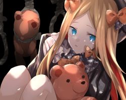 Rule 34 | 1girl, abigail williams (fate), black background, black bow, black dress, black hat, blonde hair, blue eyes, bow, dress, fate/grand order, fate (series), hair bow, hands in opposite sleeves, hanged, hat, head tilt, highres, long hair, long sleeves, looking at viewer, noose, orange bow, parted bangs, polka dot, polka dot bow, rope, shirone (shiromame-0111), sitting, solo, stuffed animal, stuffed toy, tears, teddy bear, very long hair