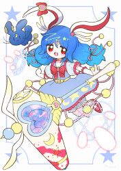 Rule 34 | 1girl, ambiguous red liquid, animal, animal ears, artist name, bloomers, blue dress, blue hair, blush, dotaku (wran8845), dress, full body, gloves, highres, long hair, magic circle, magical girl, open mouth, puffy short sleeves, puffy sleeves, rabbit, rabbit ears, red eyes, red footwear, seiran (touhou), shoes, short sleeves, signature, smile, solo, staff, star (symbol), teeth, touhou, underwear, upper teeth only, white bloomers, white gloves