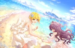 Rule 34 | 2girls, ahoge, alternate costume, artist request, bare arms, bare shoulders, beach, blue sky, blush, bow, bracelet, brown hair, closed eyes, cloud, day, dress, earrings, frilled dress, frills, hair ornament, hair ribbon, holding hands, ichinose shiki, idolmaster, idolmaster cinderella girls, idolmaster cinderella girls starlight stage, jewelry, long hair, looking at another, miyamoto frederica, multiple girls, necklace, ocean, official art, open mouth, outdoors, ribbon, running, sky, smile, sunlight, two side up, water, white dress